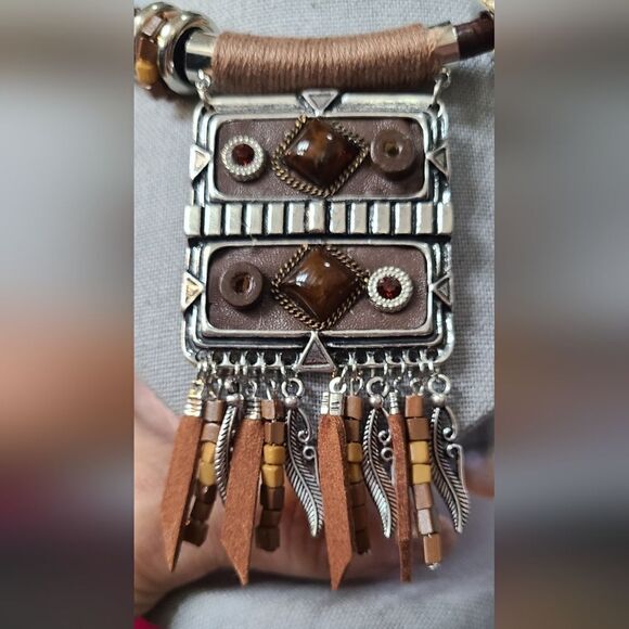 PARIS Necklace Ethnic Tribal Statement Solid Reversible Brown & Silver … - Picture 11 of 13